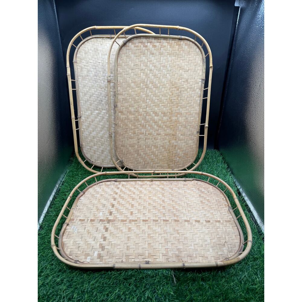 Vintage Bamboo Rattan Wicker Serving Trays MCM - Set of 3